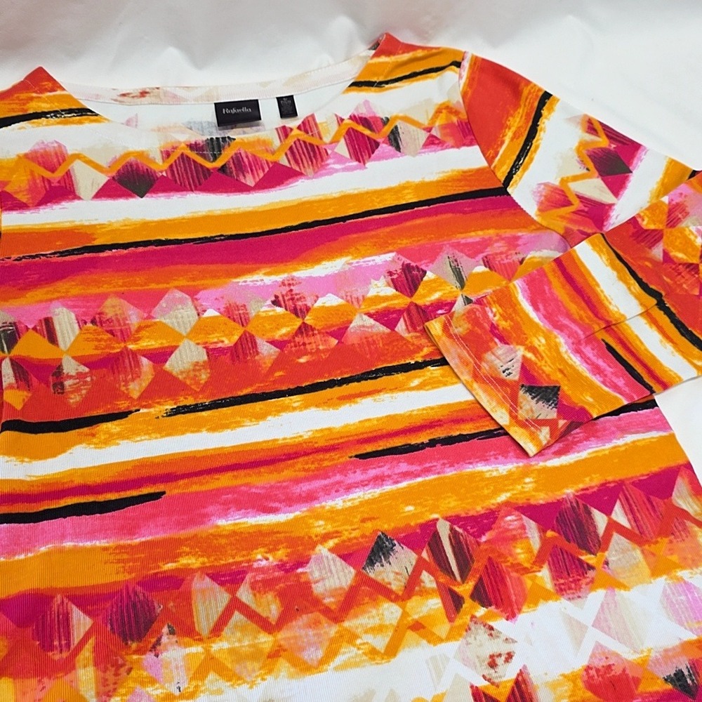 Rafaella Top Women S Orange Pink Geometric Abstract‎ Cotton 3/4 Sleeve Zipper